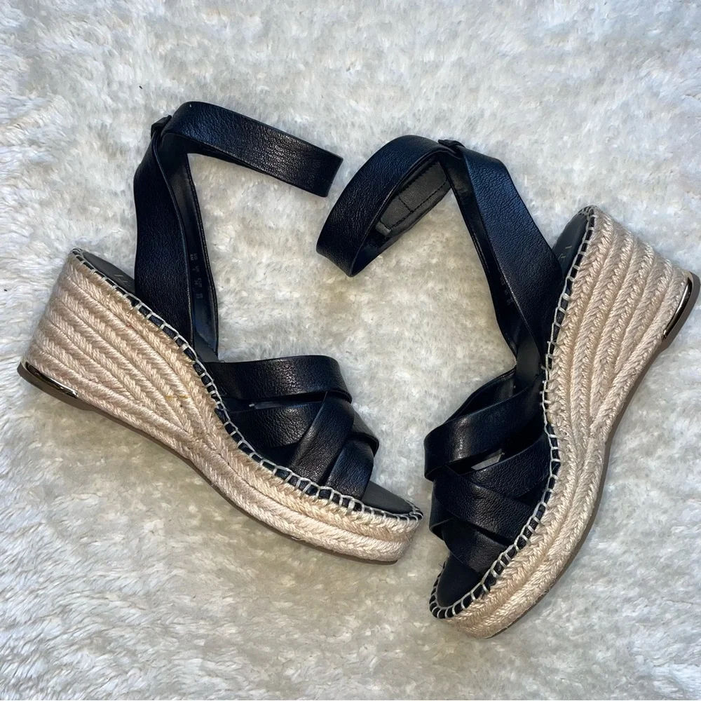 Franco Sarto Carmina espedrille black leather wedge platform ankle strap sandals - Picture 1 of 7